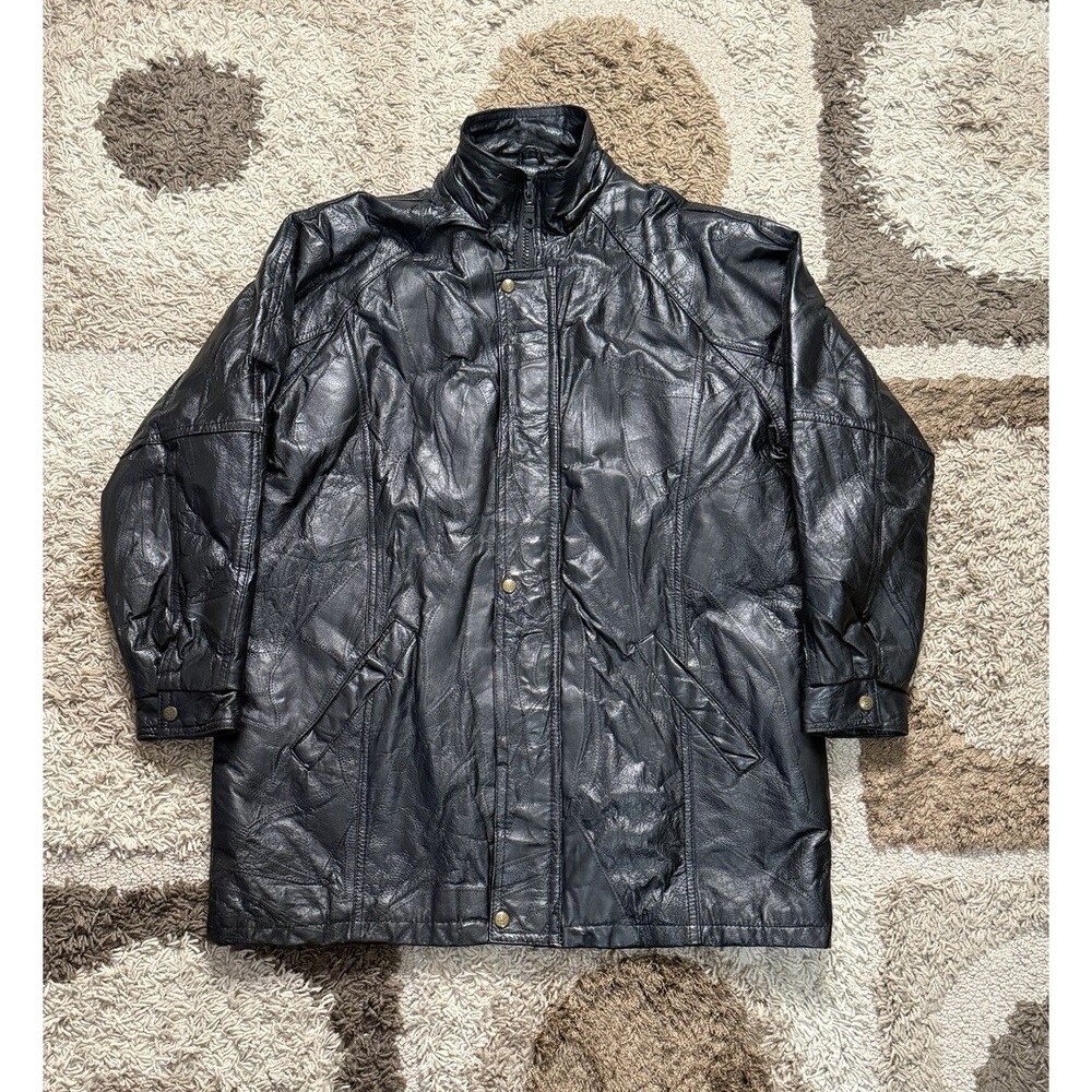Vintage Black Leather Coat Jacket Mens Size 50 XL Long Snap Zip